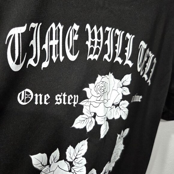 Shein Mens Black Graphic Tee with White Floral Design & Text Print Size S - Picture 6 of 8